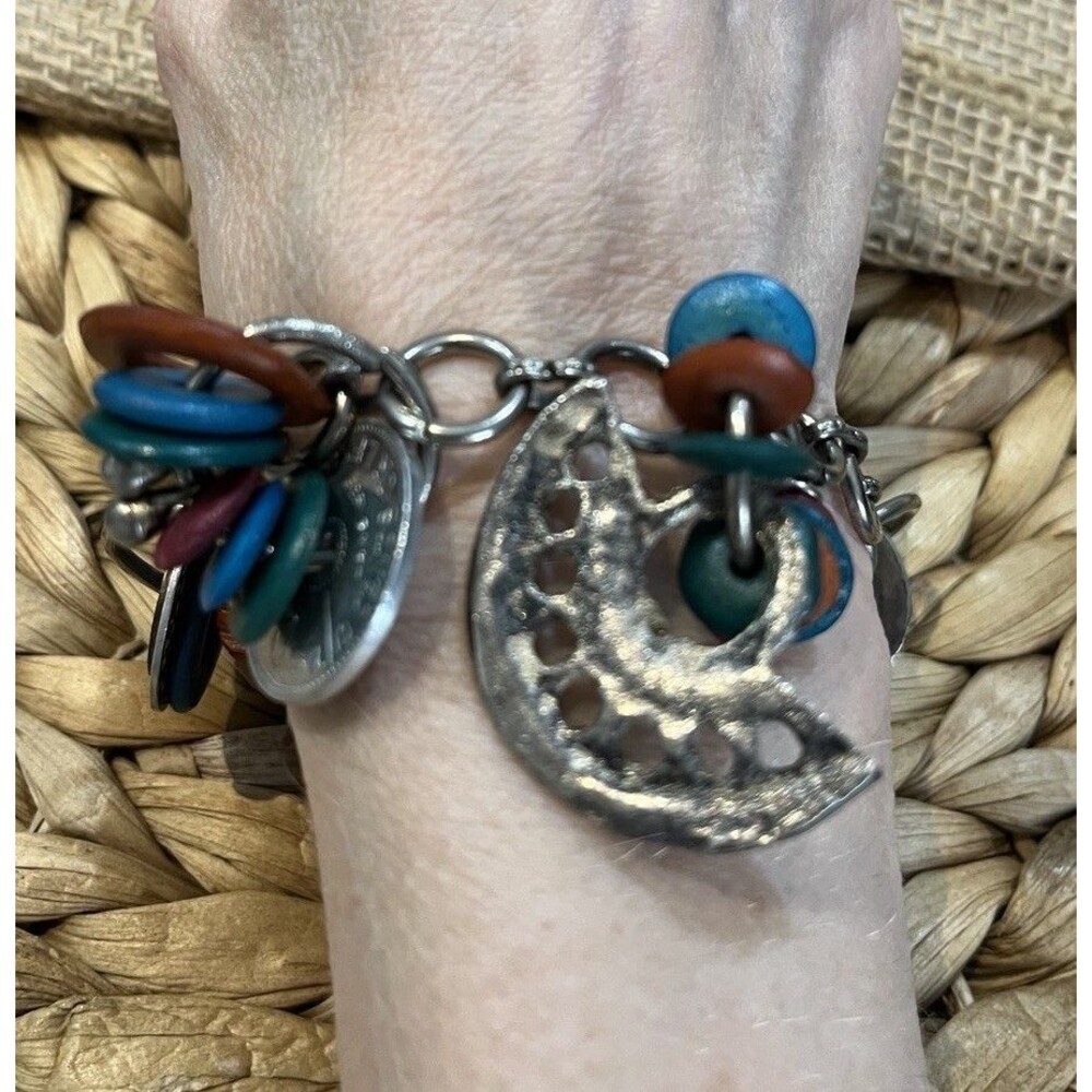Vintage Artisan Crafted Coin Charm Bracelet Mixed Materials Estate Brutalist